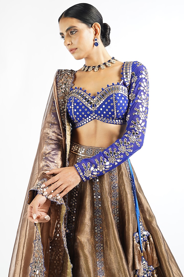 Copper Shimmer organza Mirror Embroidered Wedding Lehenga Set by Vvani By Vani Vats at Pernia's Pop Up Shop
