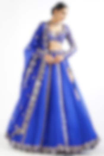 Royal Blue Satin Organza Mirror Embroidered Wedding Lehenga Set by Vvani By Vani Vats at Pernia's Pop Up Shop
