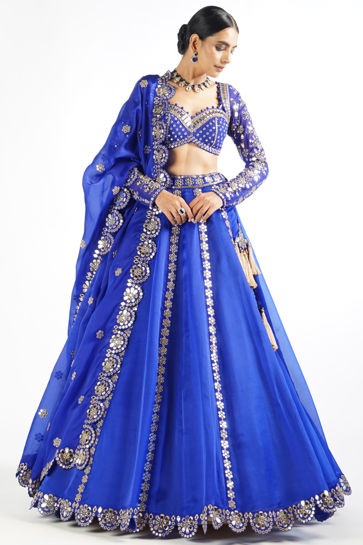 Royal Blue Satin Organza Mirror Embroidered Lehenga Set by Vvani By Vani Vats