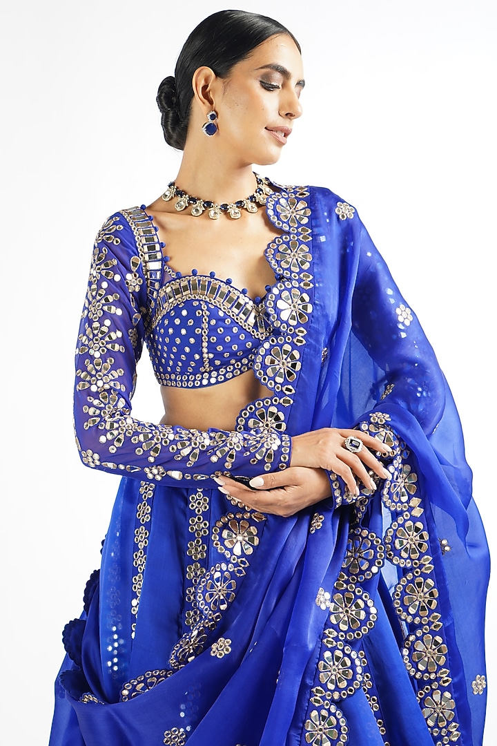 Royal Blue Satin Organza Mirror Embroidered Wedding Lehenga Set by Vvani By Vani Vats at Pernia's Pop Up Shop
