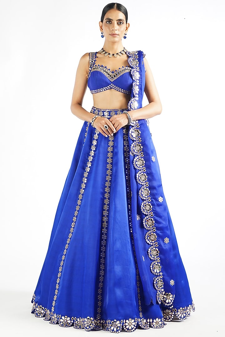 Royal Blue Satin Organza Mirror Embroidered Wedding Lehenga Set by Vvani By Vani Vats at Pernia's Pop Up Shop