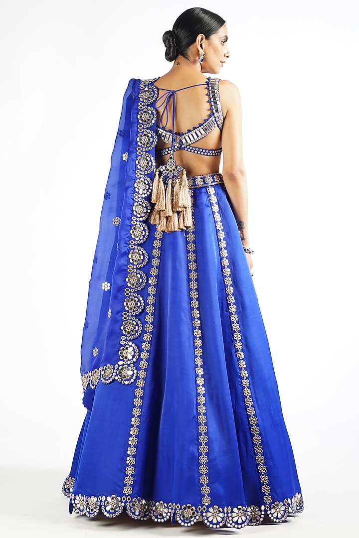 Royal Blue Satin Organza Mirror Embroidered Wedding Lehenga Set by Vvani By Vani Vats at Pernia's Pop Up Shop
