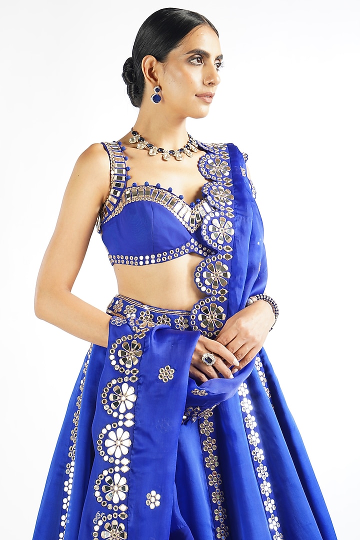 Royal Blue Satin Organza Mirror Embroidered Wedding Lehenga Set by Vvani By Vani Vats at Pernia's Pop Up Shop