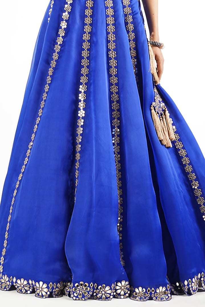 Royal Blue Satin Organza Mirror Embroidered Wedding Lehenga Set by Vvani By Vani Vats at Pernia's Pop Up Shop