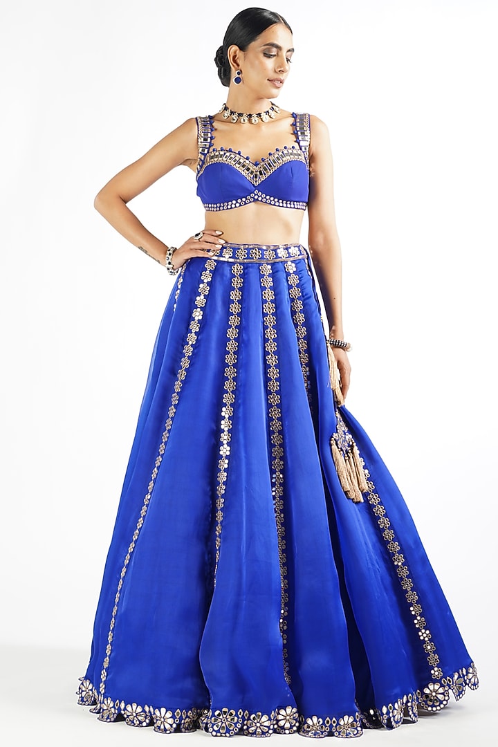 Royal Blue Satin Organza Mirror Embroidered Wedding Lehenga Set by Vvani By Vani Vats at Pernia's Pop Up Shop