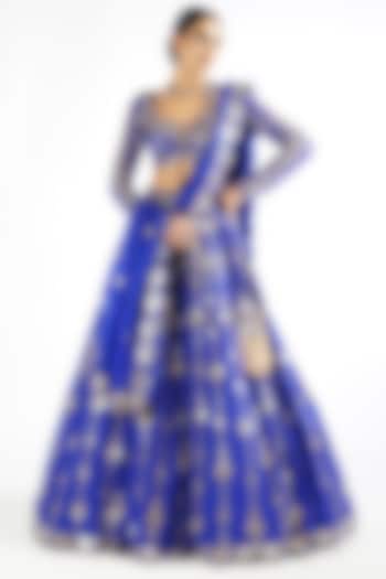Royal Blue Georgette Mirror Embellished Bridal Lehenga Set by Vvani By Vani Vats at Pernia's Pop Up Shop