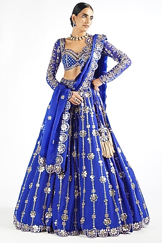 Royal Blue Georgette Mirror Embellished Lehenga Set by Vvani By Vani Vats
