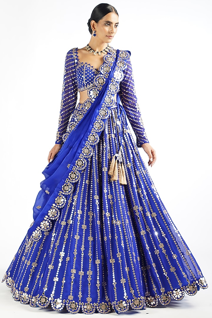 Royal Blue Georgette Mirror Embellished Bridal Lehenga Set by Vvani By Vani Vats at Pernia's Pop Up Shop