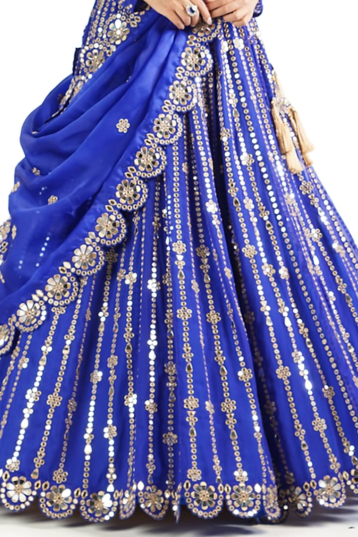 Royal Blue Georgette Mirror Embellished Bridal Lehenga Set by