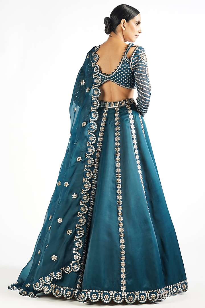 Dark Teal Satin Organza Embroidered Wedding Lehenga Set by Vvani By Vani Vats at Pernia's Pop Up Shop