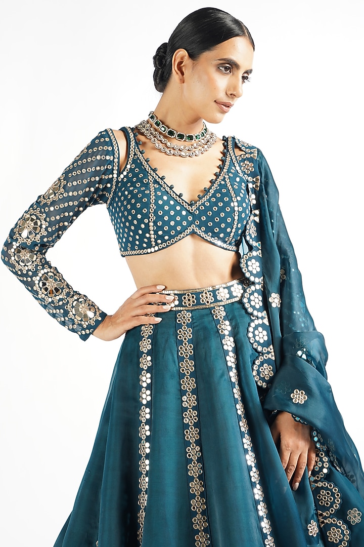 Dark Teal Satin Organza Embroidered Wedding Lehenga Set by Vvani By Vani Vats at Pernia's Pop Up Shop