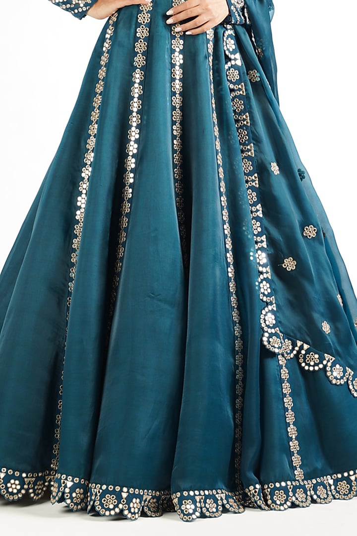 Dark Teal Satin Organza Embroidered Wedding Lehenga Set by Vvani By Vani Vats at Pernia's Pop Up Shop