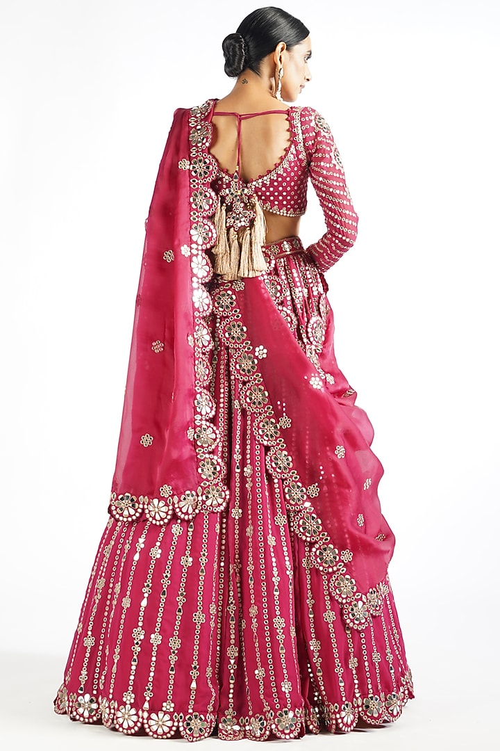 Fuchsia Georgette Mirror Embellished Bridal Lehenga Set by Vvani By Vani Vats at Pernia's Pop Up Shop