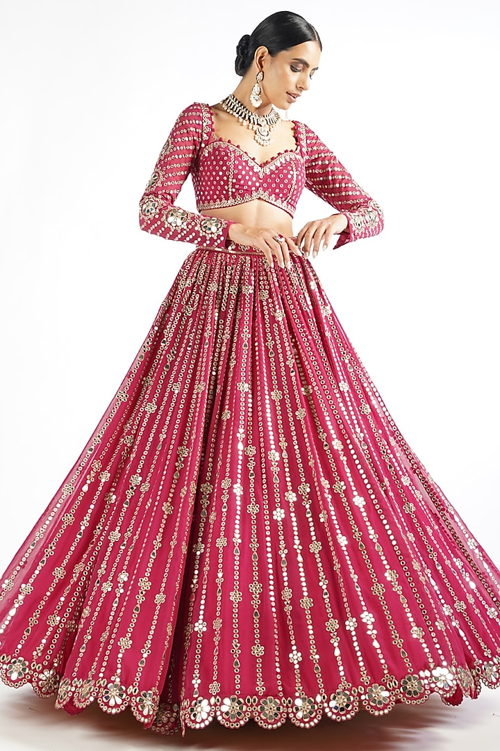 Fuchsia Georgette Mirror Embellished Bridal Lehenga Set by Vvani By Vani Vats at Pernia's Pop Up Shop