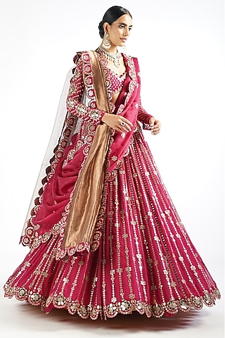 Fuchsia Georgette Zari Embellished Lehenga Set by Vvani By Vani Vats