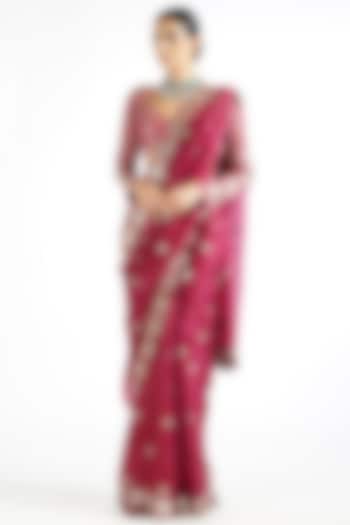 Mellow Wine Embroidered Saree Set by Vvani By Vani Vats