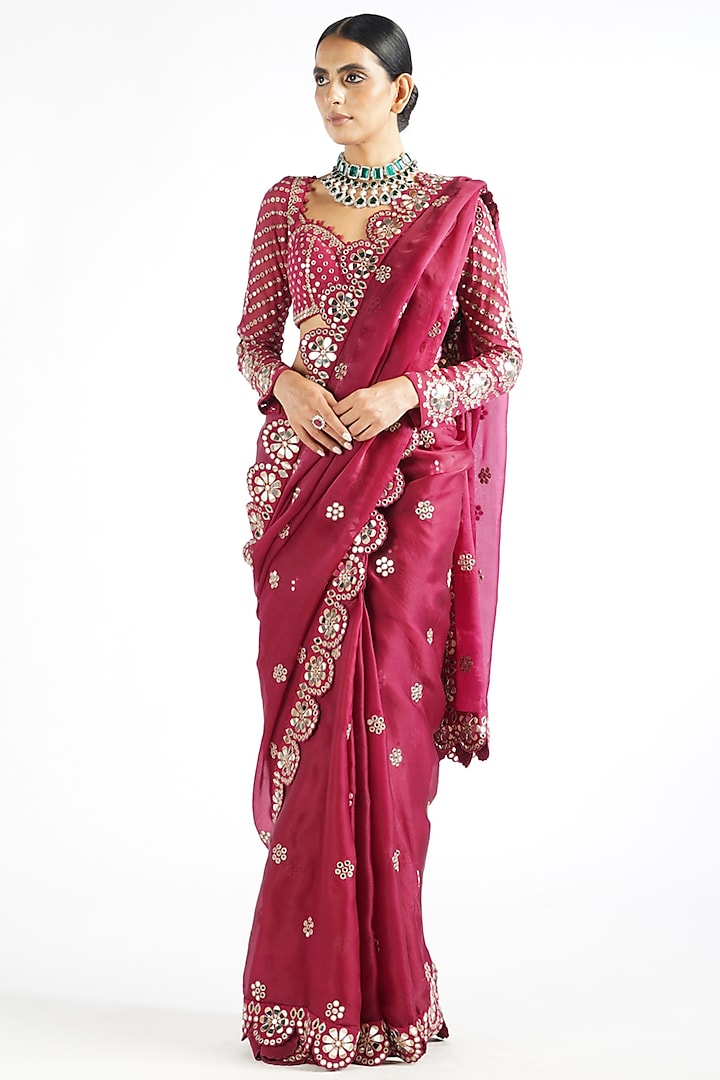 Mellow Wine Embroidered Reception Saree Set by Vvani By Vani Vats at Pernia's Pop Up Shop