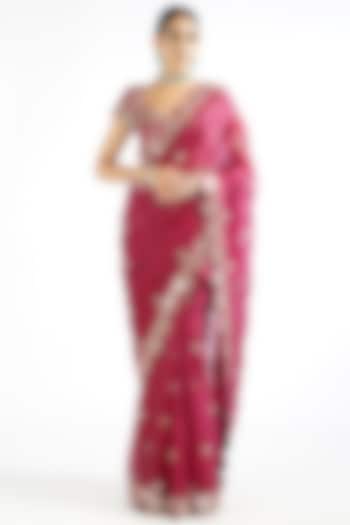 Mellow Wine Mirror Embroidered Wedding Saree Set by Vvani By Vani Vats at Pernia's Pop Up Shop