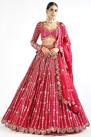Crimson Red Georgette Zari Embellished Lehenga Set by Vvani By Vani Vats