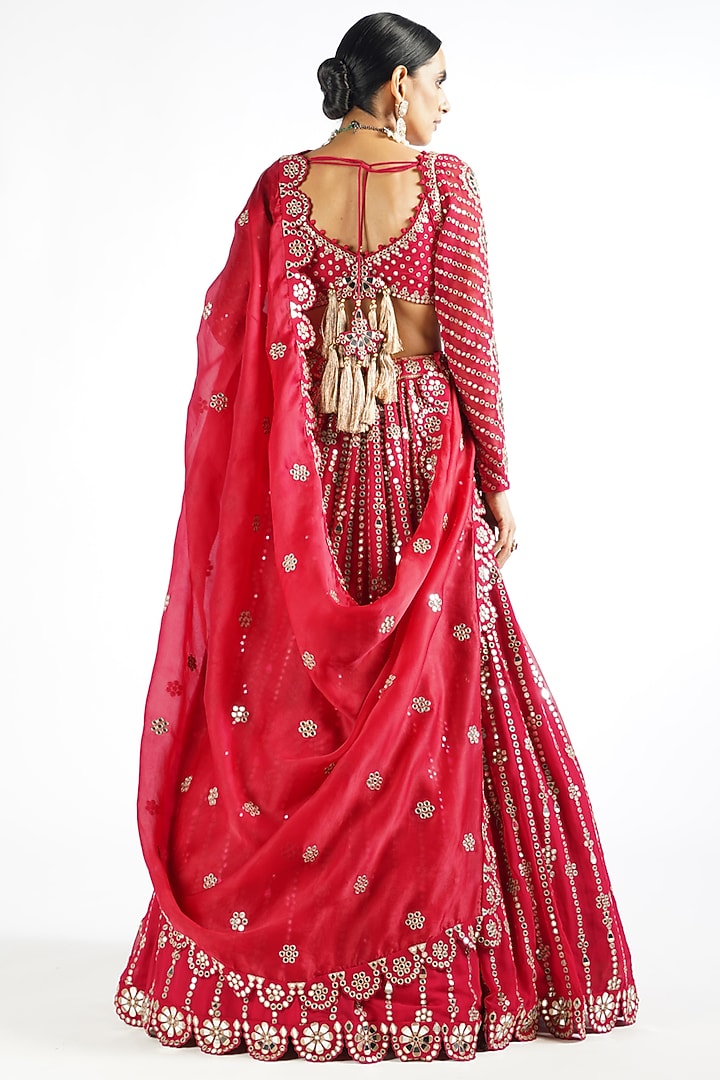 Crimson Red Georgette Zari Embellished Bridal Lehenga Set by Vvani By Vani Vats at Pernia's Pop Up Shop
