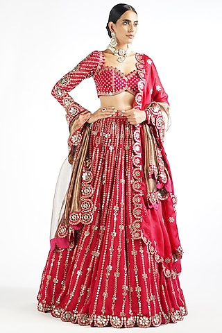Crimson Red Georgette Zari Embellished Lehenga Set by Vvani By Vani Vats
