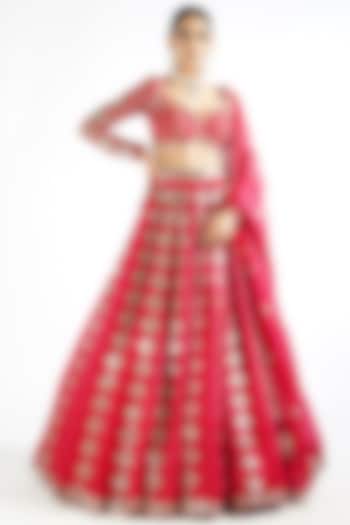 Crimson Red Satin Organza Mirror Embroidered Bridal Lehenga Set by Vvani By Vani Vats at Pernia's Pop Up Shop