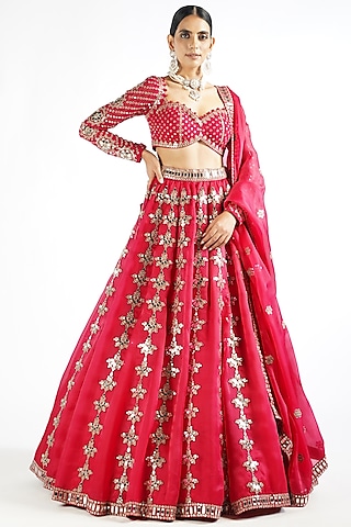 Crimson Red Satin Organza Mirror Embroidered Lehenga Set by Vvani By Vani Vats