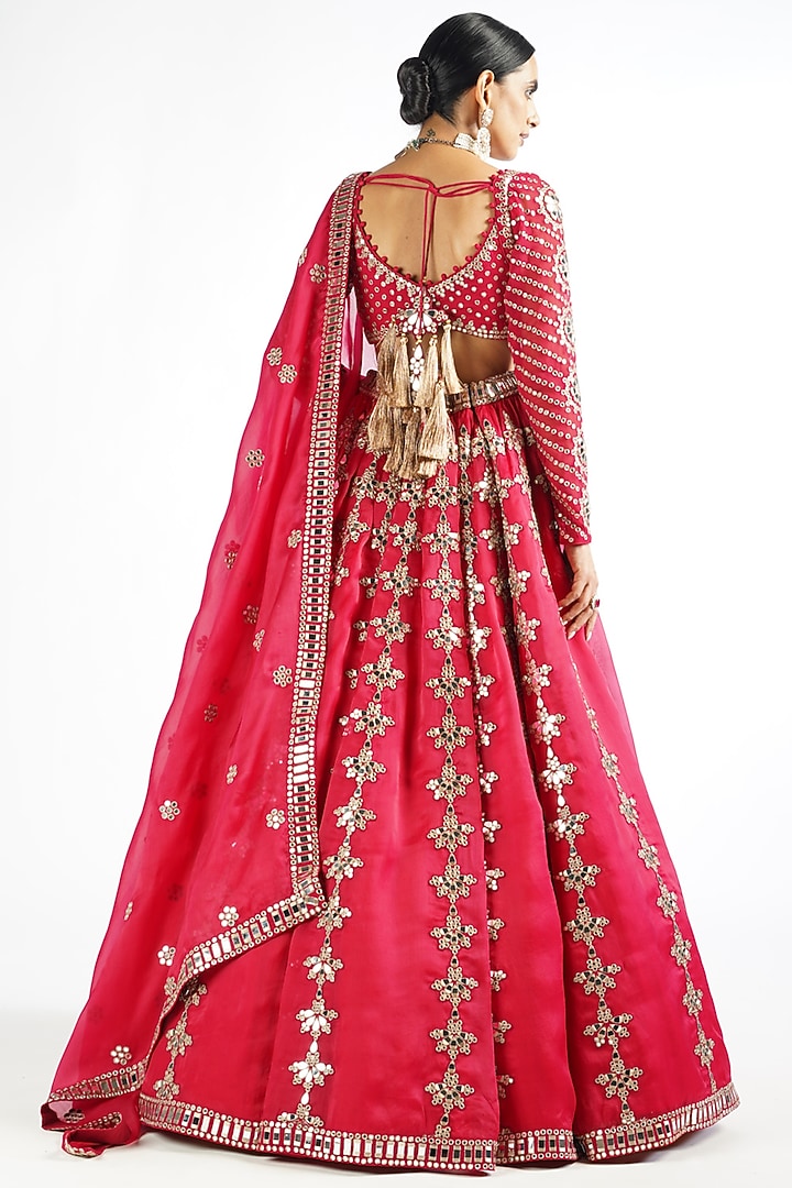 Crimson Red Satin Organza Mirror Embroidered Bridal Lehenga Set by Vvani By Vani Vats at Pernia's Pop Up Shop