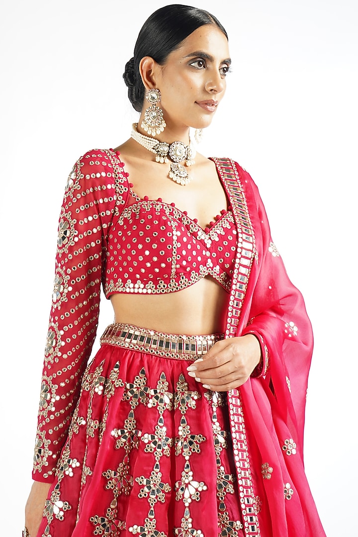 Crimson Red Satin Organza Mirror Embroidered Bridal Lehenga Set by Vvani By Vani Vats at Pernia's Pop Up Shop