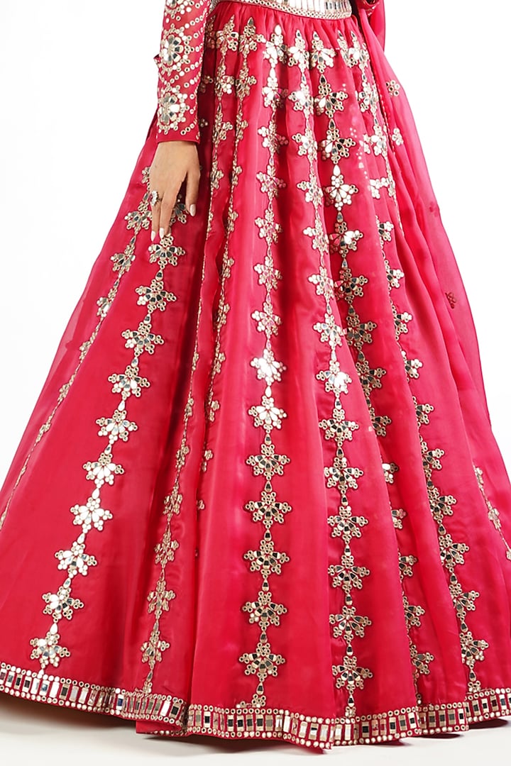 Crimson Red Satin Organza Mirror Embroidered Bridal Lehenga Set by Vvani By Vani Vats at Pernia's Pop Up Shop