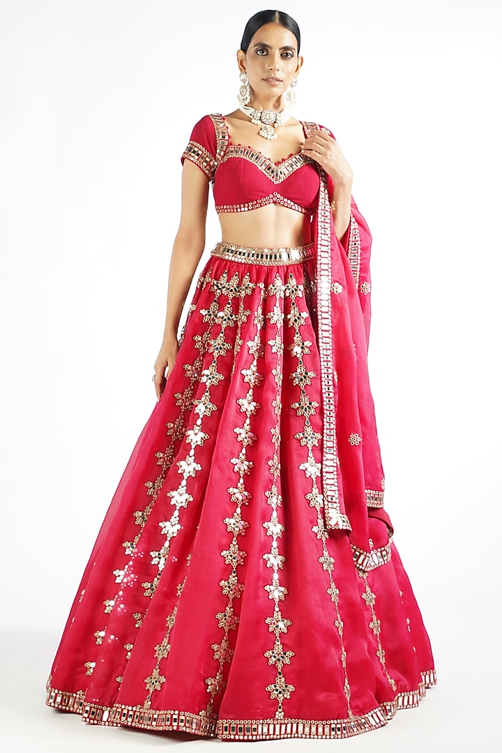 Crimson Red Satin organza Mirror Embroidered Bridal Lehenga Set by Vvani By Vani Vats at Pernia's Pop Up Shop