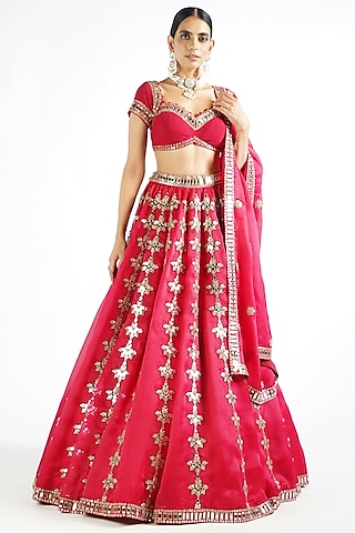 Crimson Red Satin organza Mirror Embroidered Lehenga Set by Vvani By Vani Vats