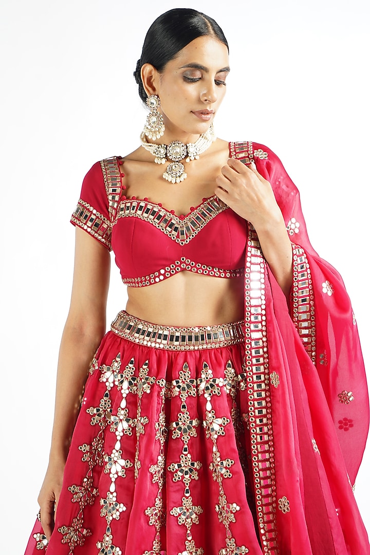 Crimson Red Satin organza Mirror Embroidered Bridal Lehenga Set by Vvani By Vani Vats at Pernia's Pop Up Shop