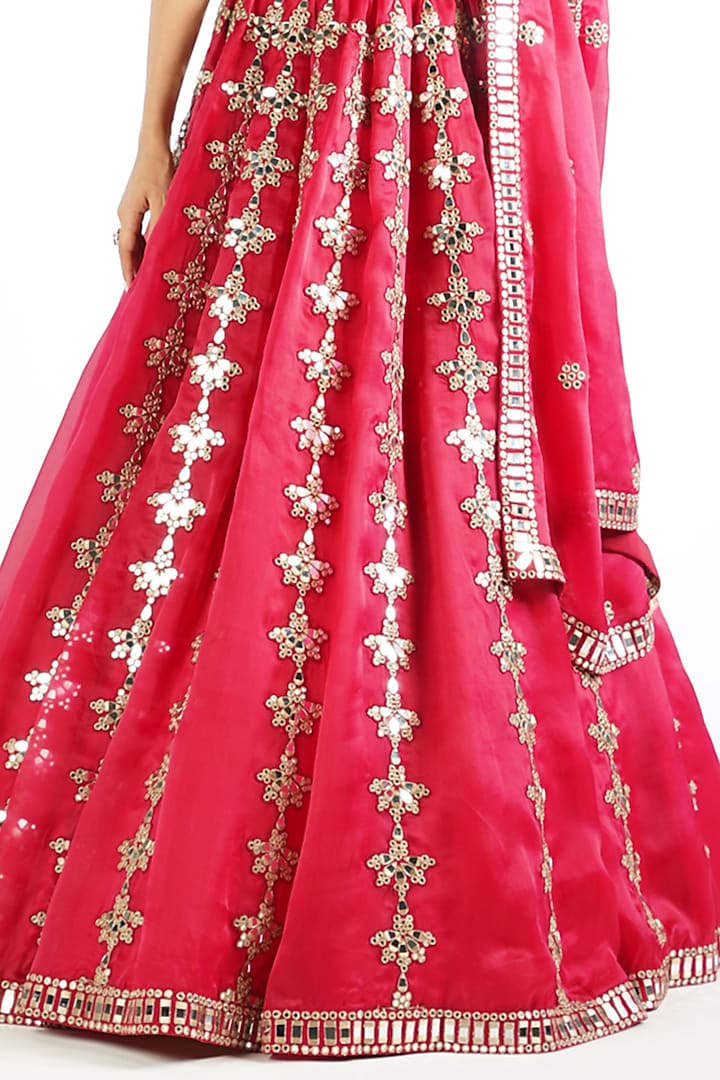 Crimson Red Satin organza Mirror Embroidered Bridal Lehenga Set by Vvani By Vani Vats at Pernia's Pop Up Shop