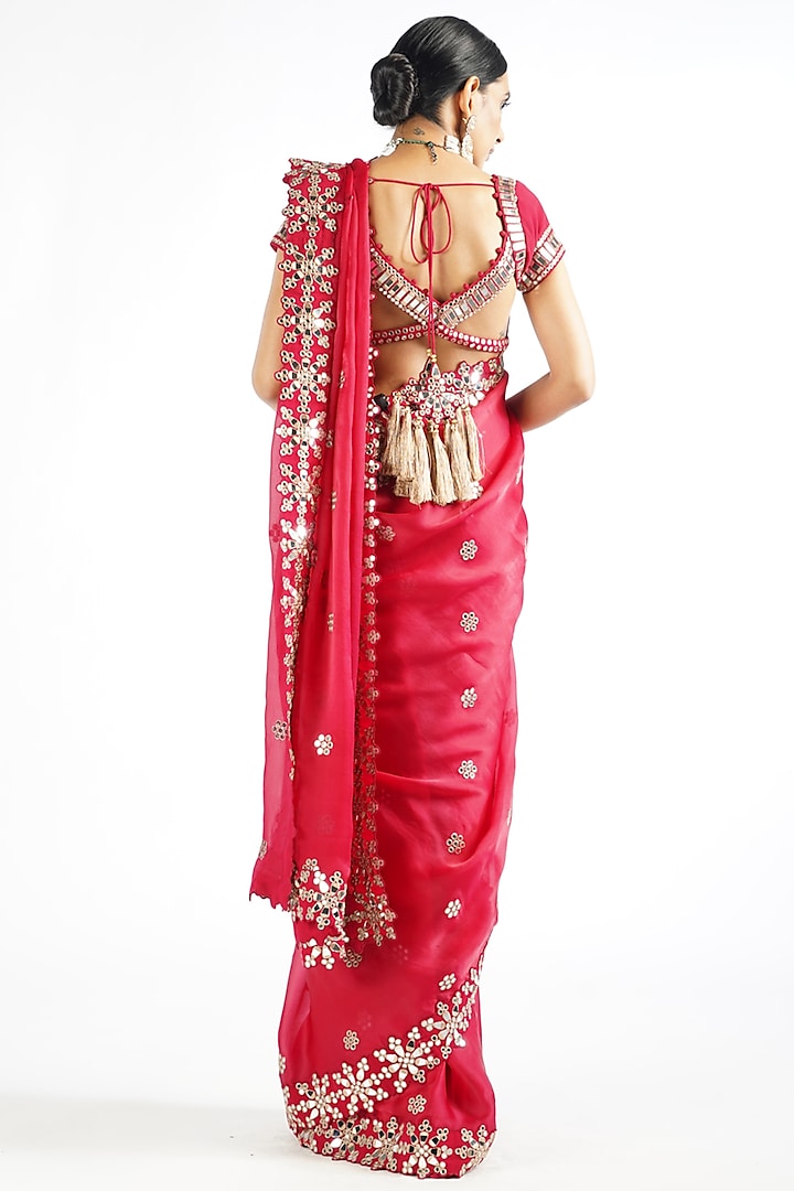 Crimson Red Mirror Embroidered Wedding Saree Set by Vvani By Vani Vats at Pernia's Pop Up Shop