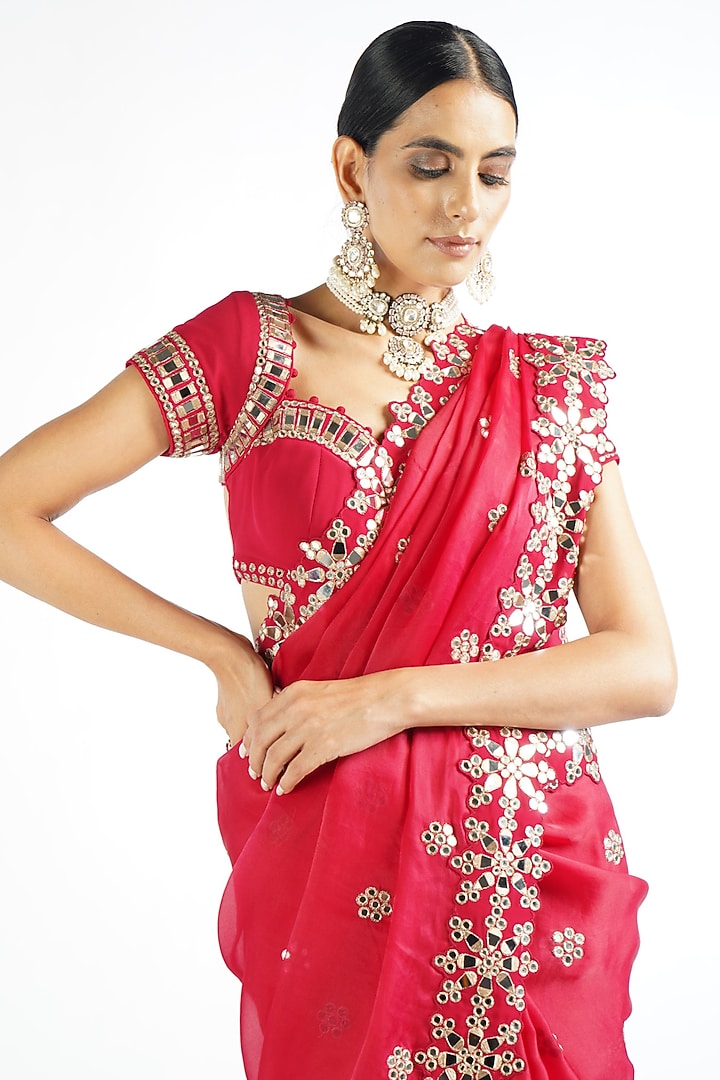 Crimson Red Mirror Embroidered Wedding Saree Set by Vvani By Vani Vats at Pernia's Pop Up Shop
