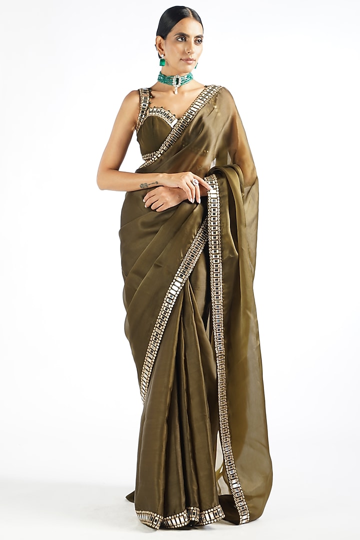 Olive Green Satin Organza Mirror Embroidered Saree Set by Vvani By Vani Vats