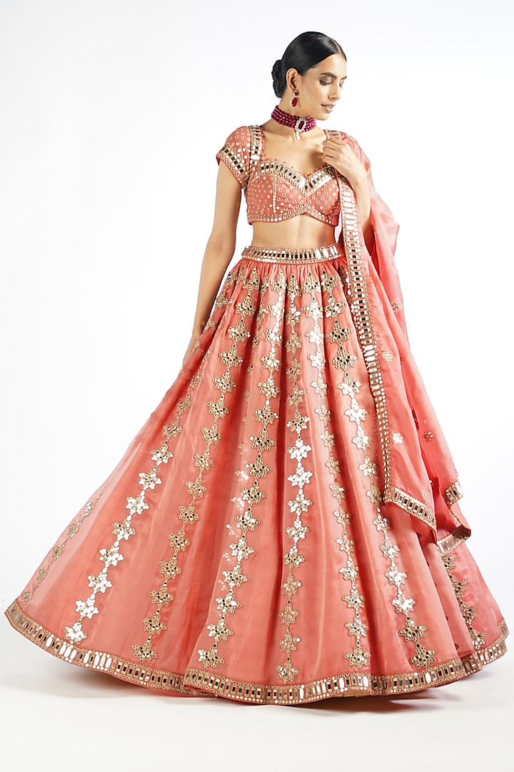 Mellow Rose Satin organza Mirror Embroidered Bridal Lehenga Set by Vvani By Vani Vats at Pernia's Pop Up Shop