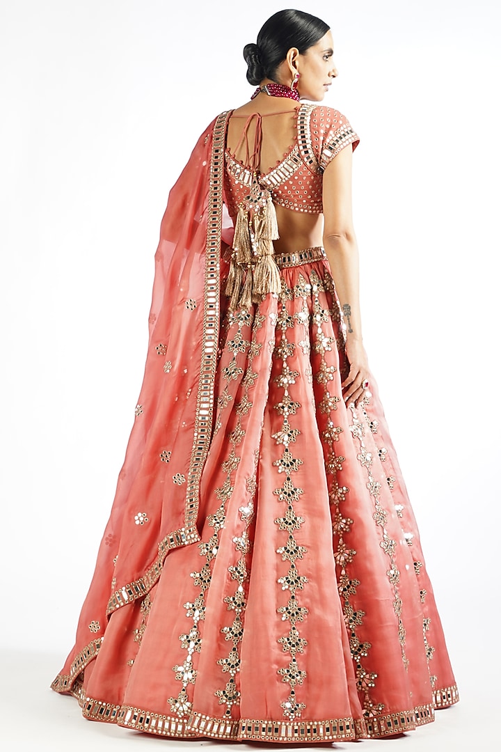 Mellow Rose Satin organza Mirror Embroidered Bridal Lehenga Set by Vvani By Vani Vats at Pernia's Pop Up Shop
