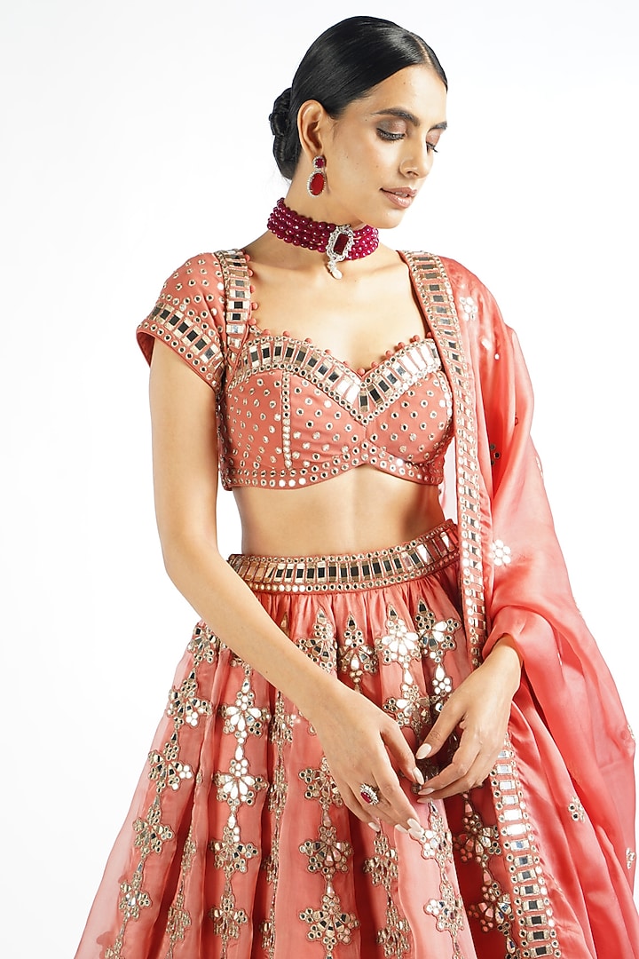 Mellow Rose Satin organza Mirror Embroidered Bridal Lehenga Set by Vvani By Vani Vats at Pernia's Pop Up Shop