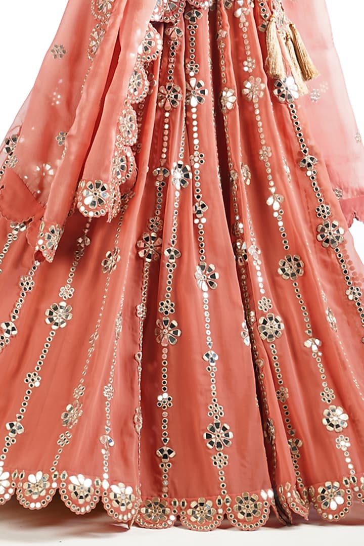 Mellow Rose Satin Organza Mirror Embroidered Bridal Lehenga Set by Vvani By Vani Vats at Pernia's Pop Up Shop