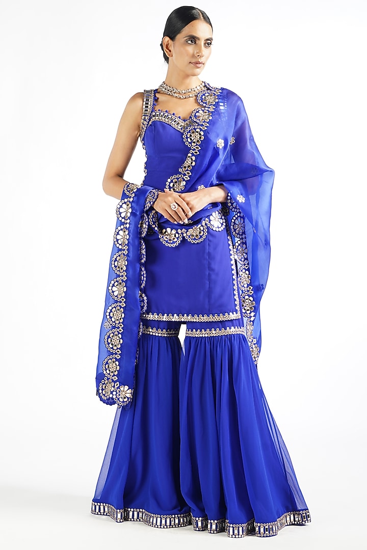 Royal Blue Georgette Sharara Set by Vvani By Vani Vats