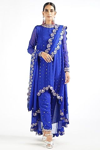 Royal Blue Mirror Embroidered Kurta Set by Vvani By Vani Vats