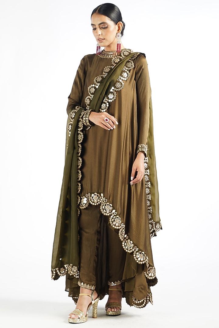 Olive Green Satin Chiffon Kurta Set by Vvani By Vani Vats at Pernia's Pop Up Shop