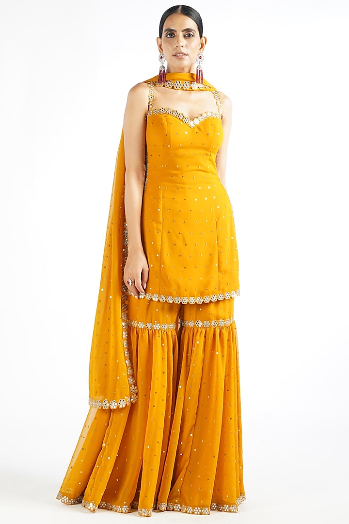 Mustard Georgette Wedding Sharara Set by Vvani By Vani Vats at Pernia's Pop Up Shop
