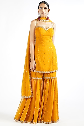 Mustard Georgette Sharara Set by Vvani By Vani Vats