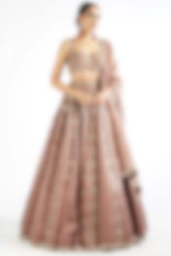 Deep Beige Satin organza Mirror Embroidered Bridal Lehenga Set by Vvani By Vani Vats at Pernia's Pop Up Shop