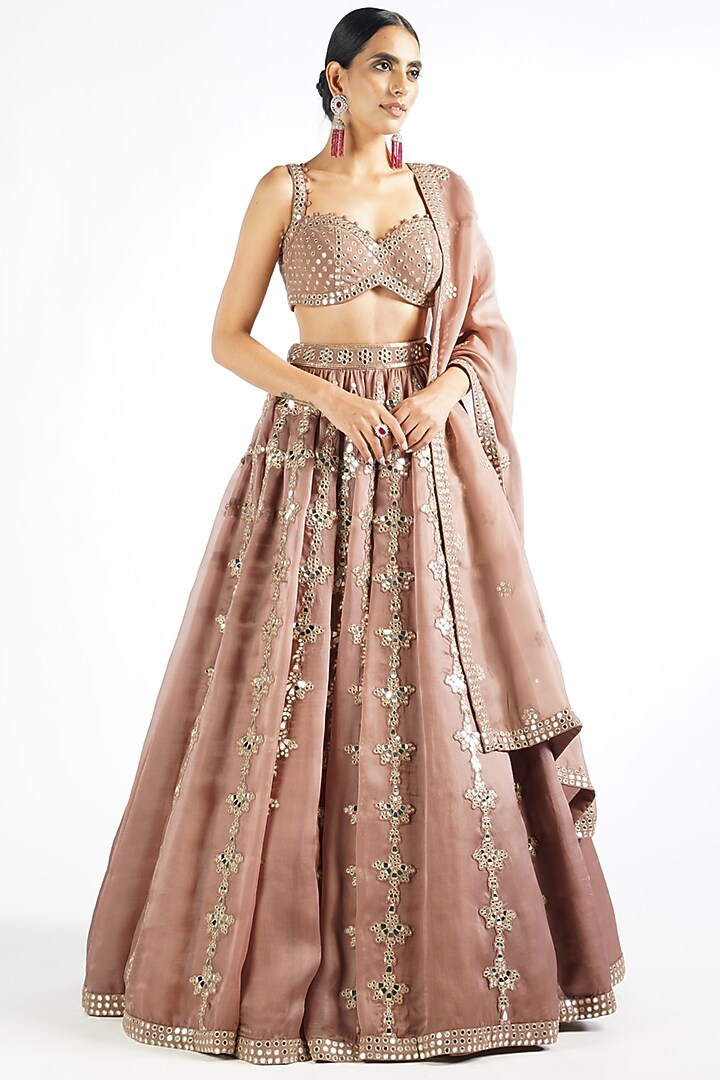 Deep Beige Satin organza Mirror Embroidered Bridal Lehenga Set by Vvani By Vani Vats at Pernia's Pop Up Shop