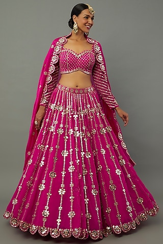 Fuchsia Georgette Mirror Embellished Lehenga Set by Vvani by Vani Vats