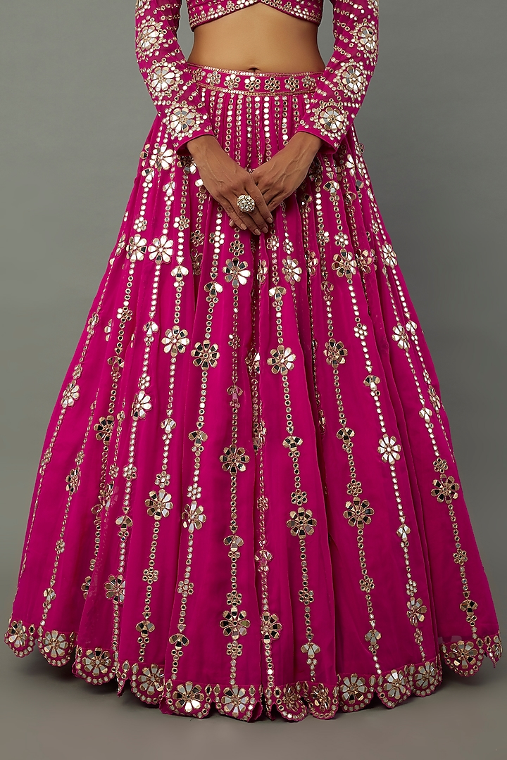Fuchsia Georgette Mirror Embellished Bridal Lehenga Set by Vvani by Vani Vats at Pernia's Pop Up Shop